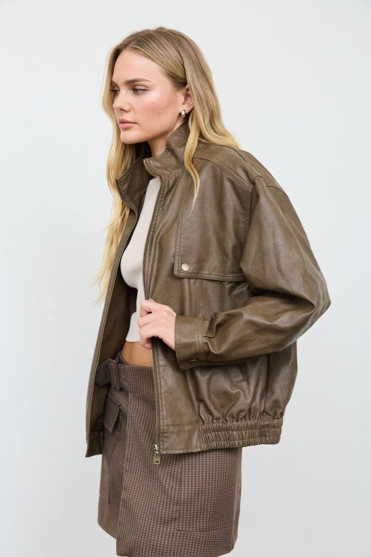 Olive Faux Leather Bomber Jacket