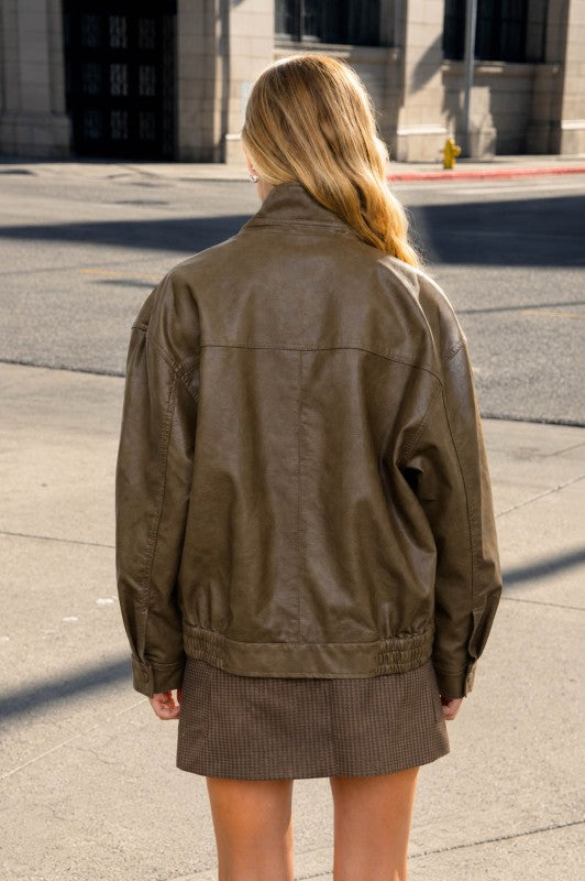 Olive Faux Leather Bomber Jacket