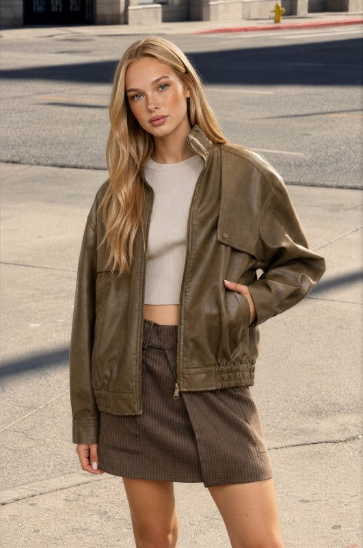 Olive Faux Leather Bomber Jacket