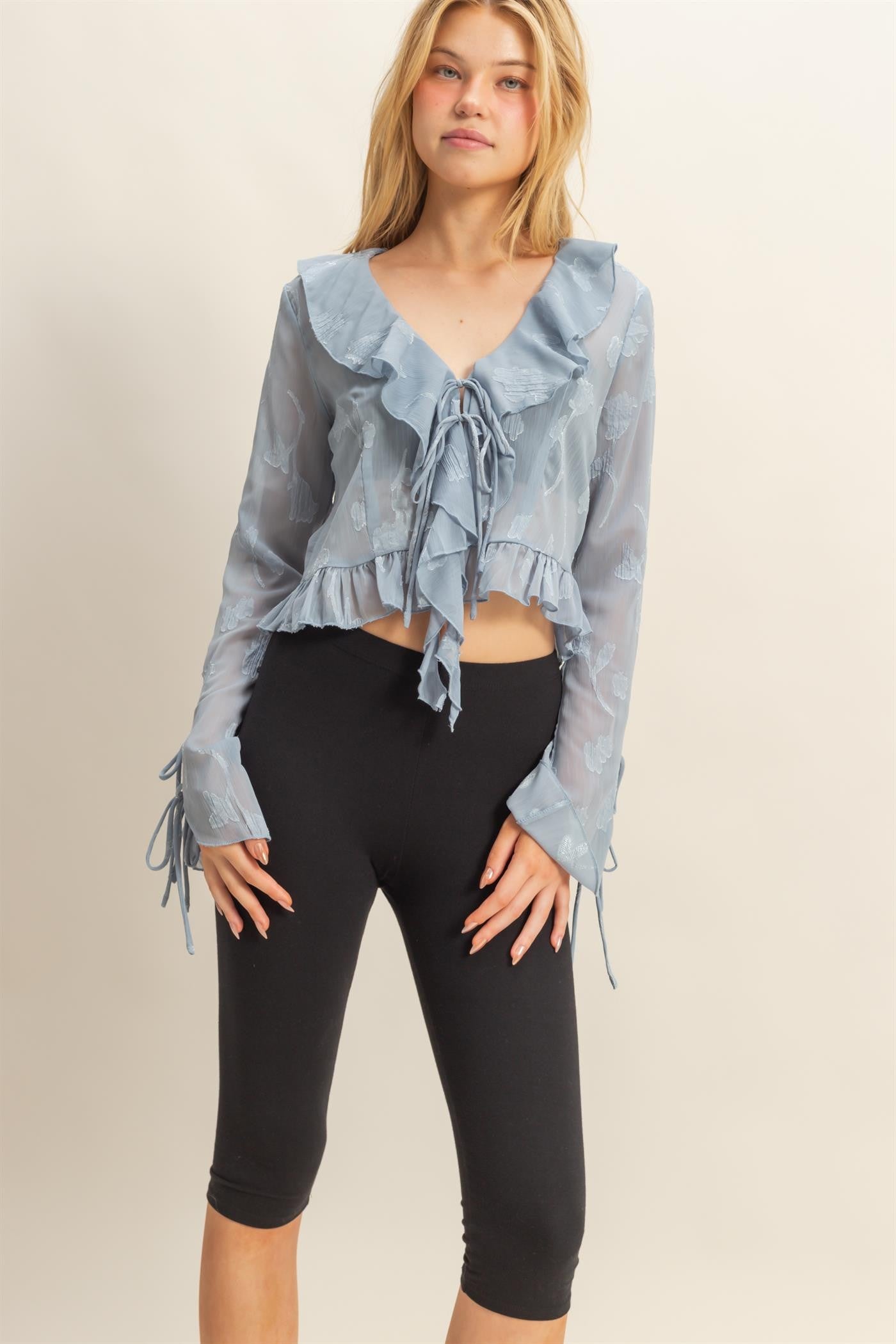 Sheer Ruffle Tie Blouse