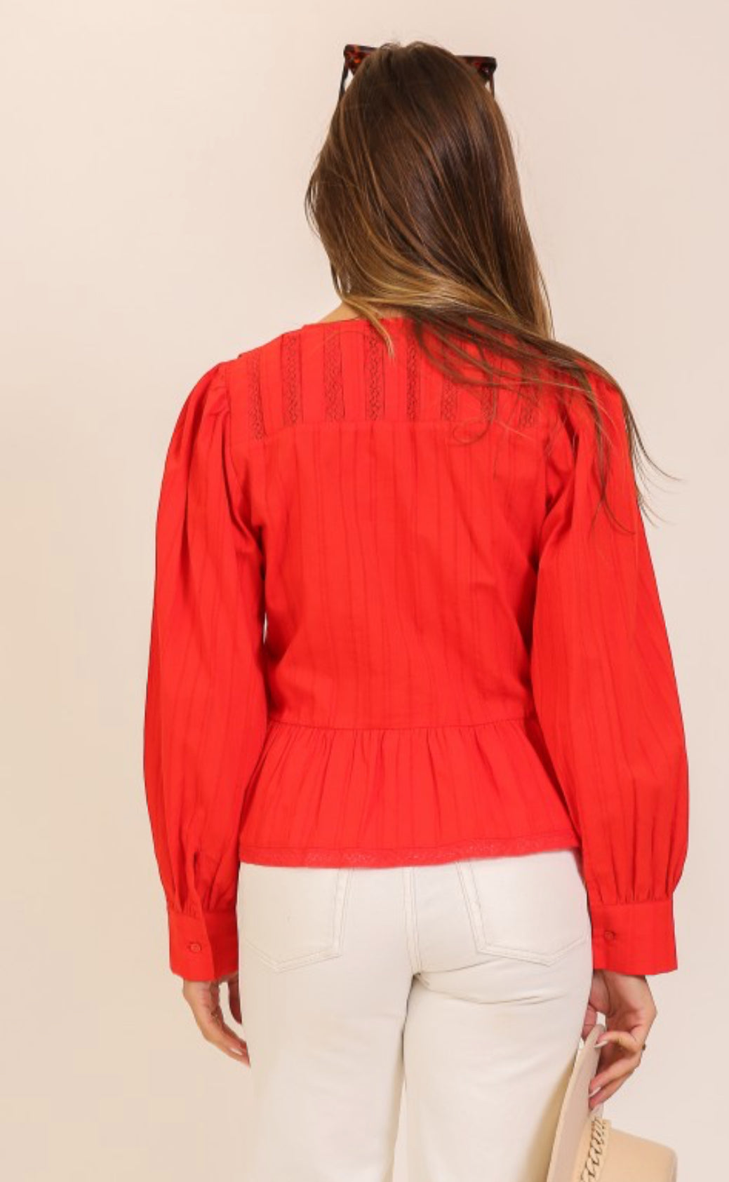 Red Long Sleeve Tie Blouse