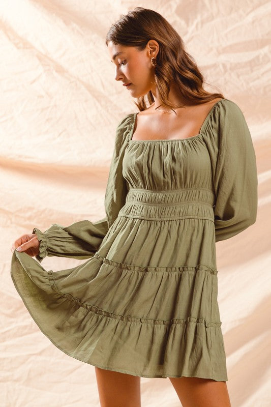 Olive Tiered Peasant Dress