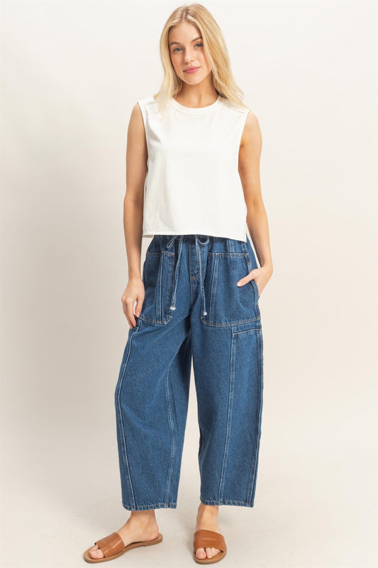 Dark Drawstring Barrel Jeans