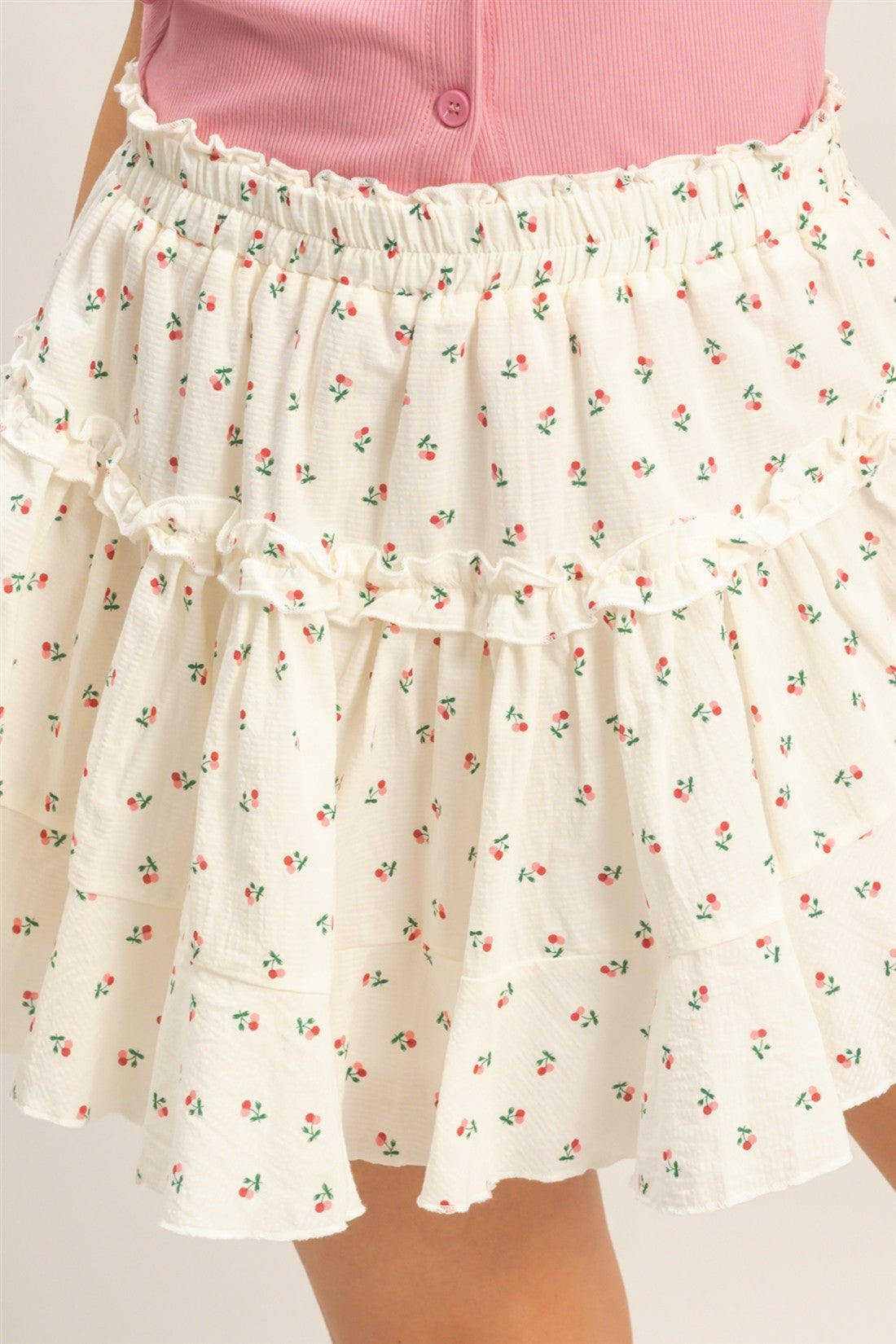 Cream Red Floral Mini Skirt