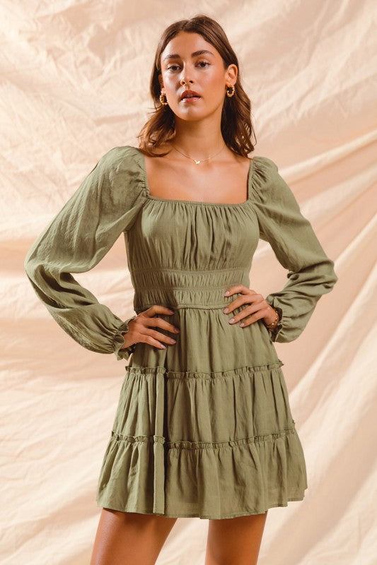 Olive Tiered Peasant Dress S