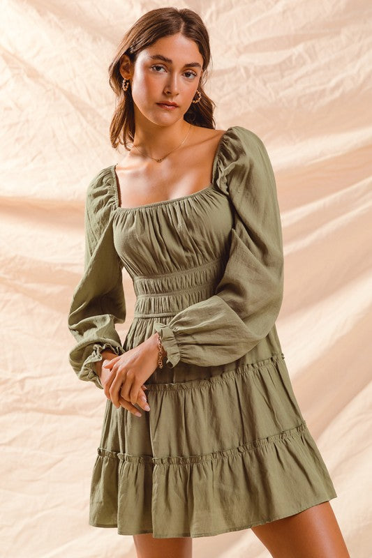 Olive Tiered Peasant Dress