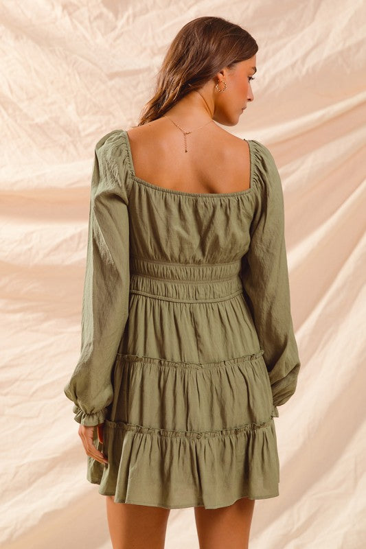 Olive Tiered Peasant Dress