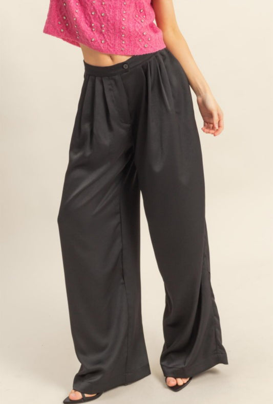 Black Silky Pleat Pants