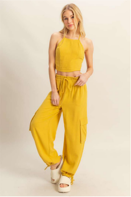 Mustard Drawstring Cargo Pants