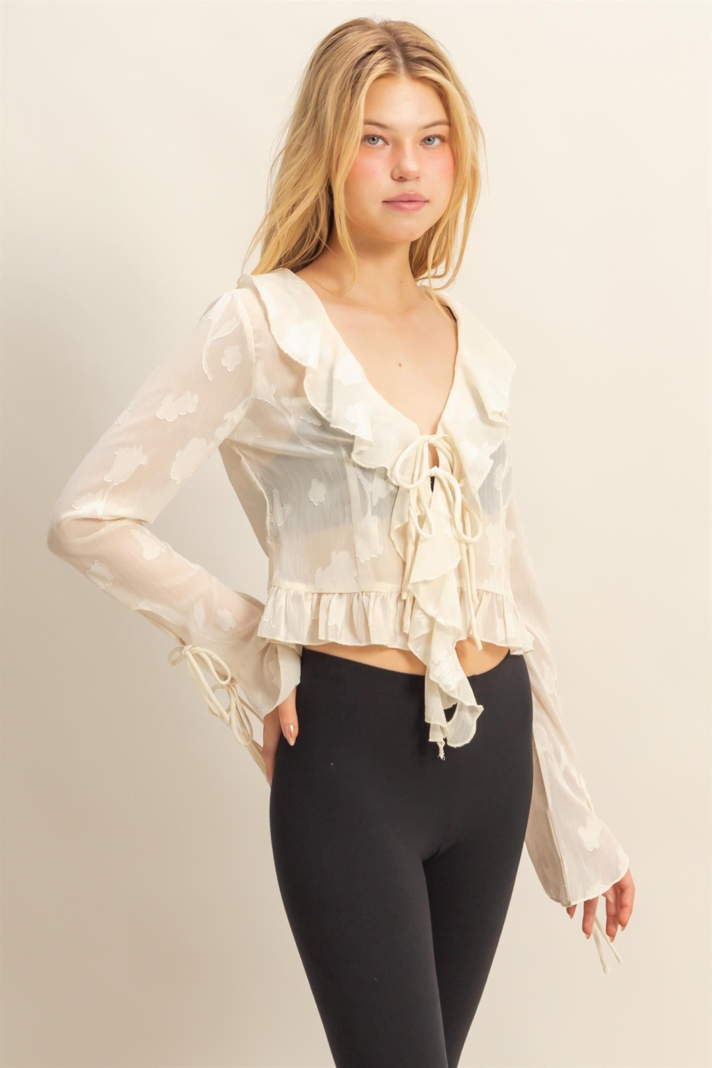 Sheer Ruffle Tie Blouse