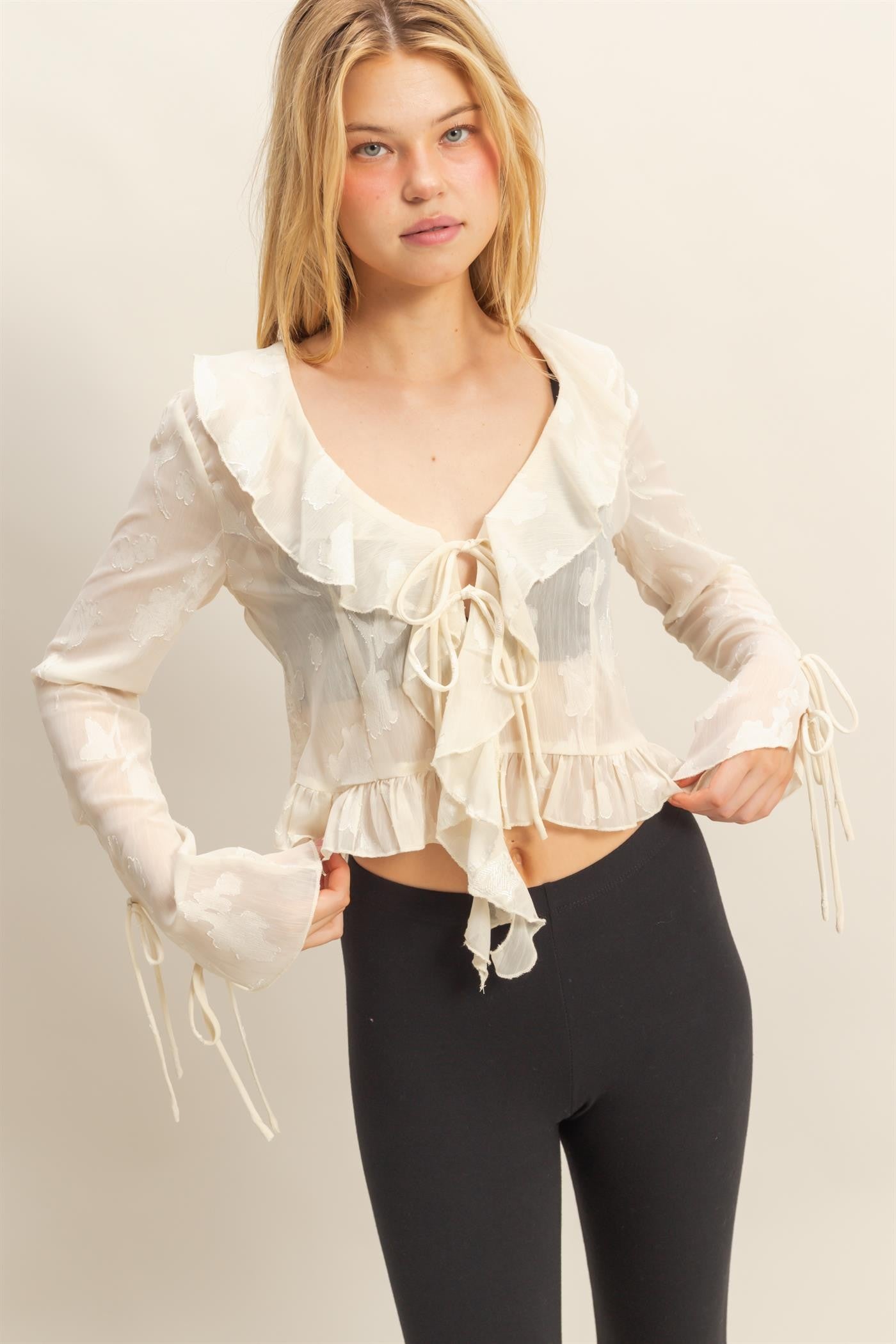 Sheer Ruffle Tie Blouse