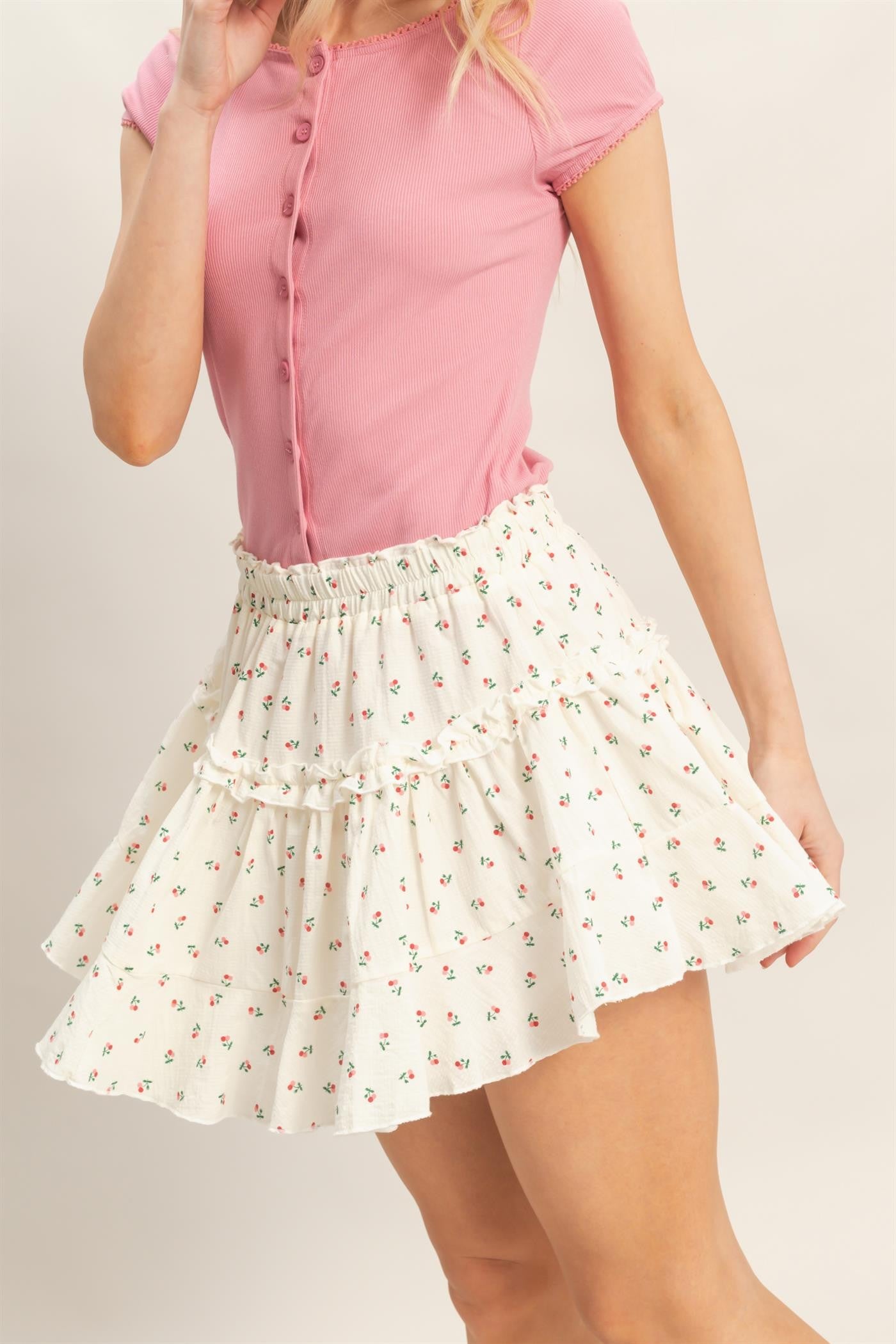 Cream Red Floral Mini Skirt