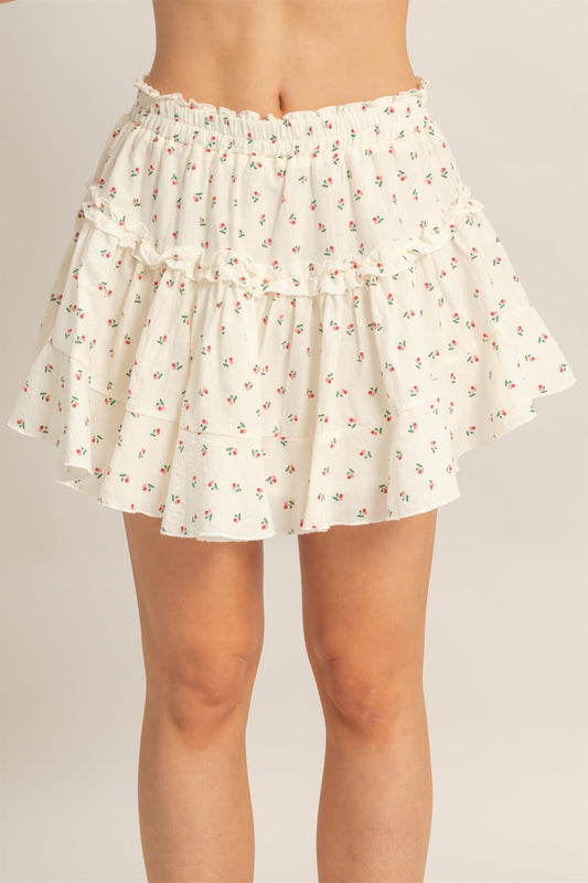Cream Red Floral Mini Skirt