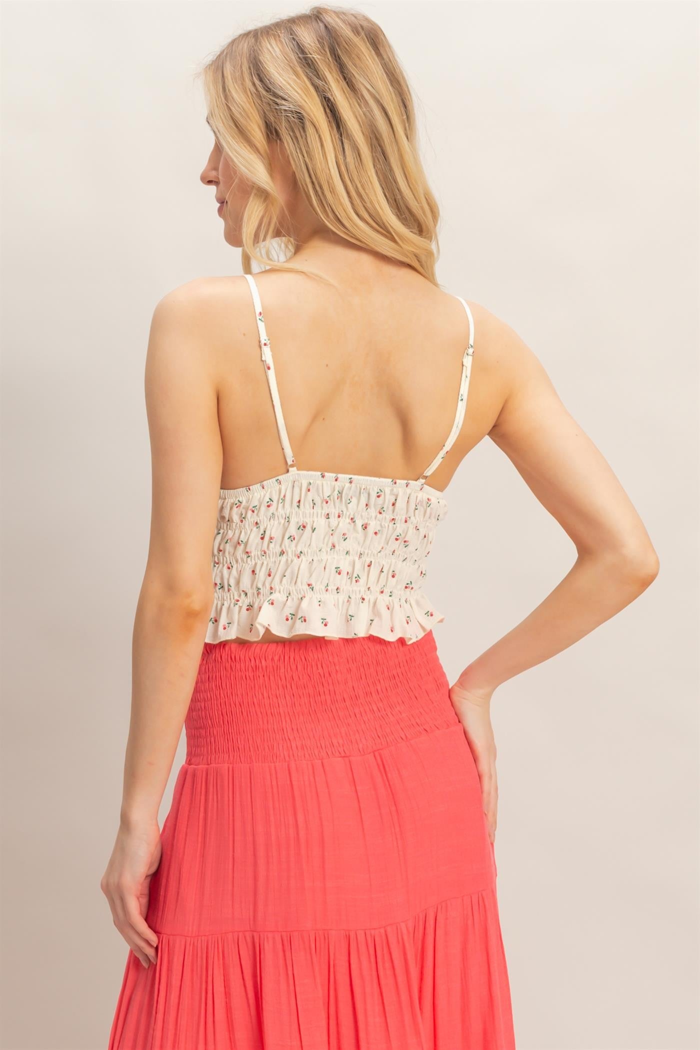 Cream Red Floral Crop